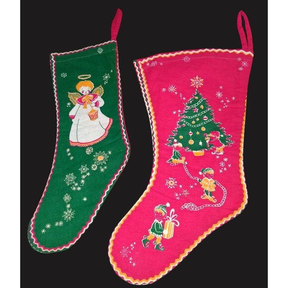 Mcm 1950s Original Set Of 2 Christmas Stockings Seasons Greetings Happy New Year - Picture 8 of 13